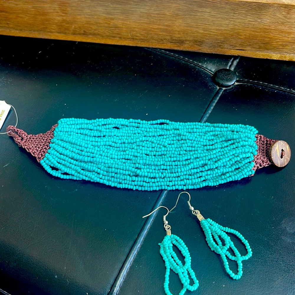 Bracelet, Beaded turquoise and brown, crochet button closure, earrings,